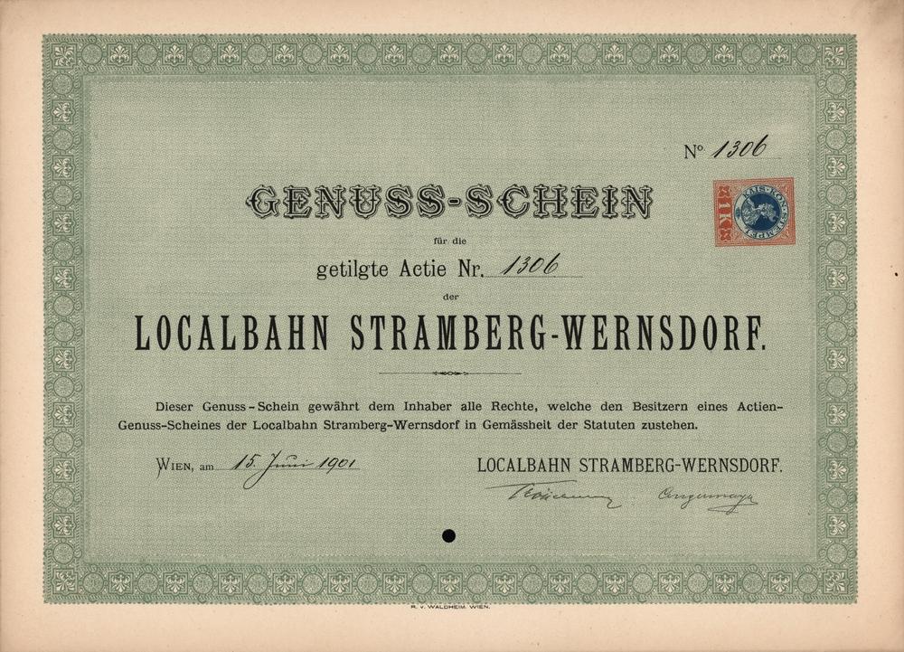 Požitkový list Místní dráha Štramberk-Veřovice, Vídeň 1901