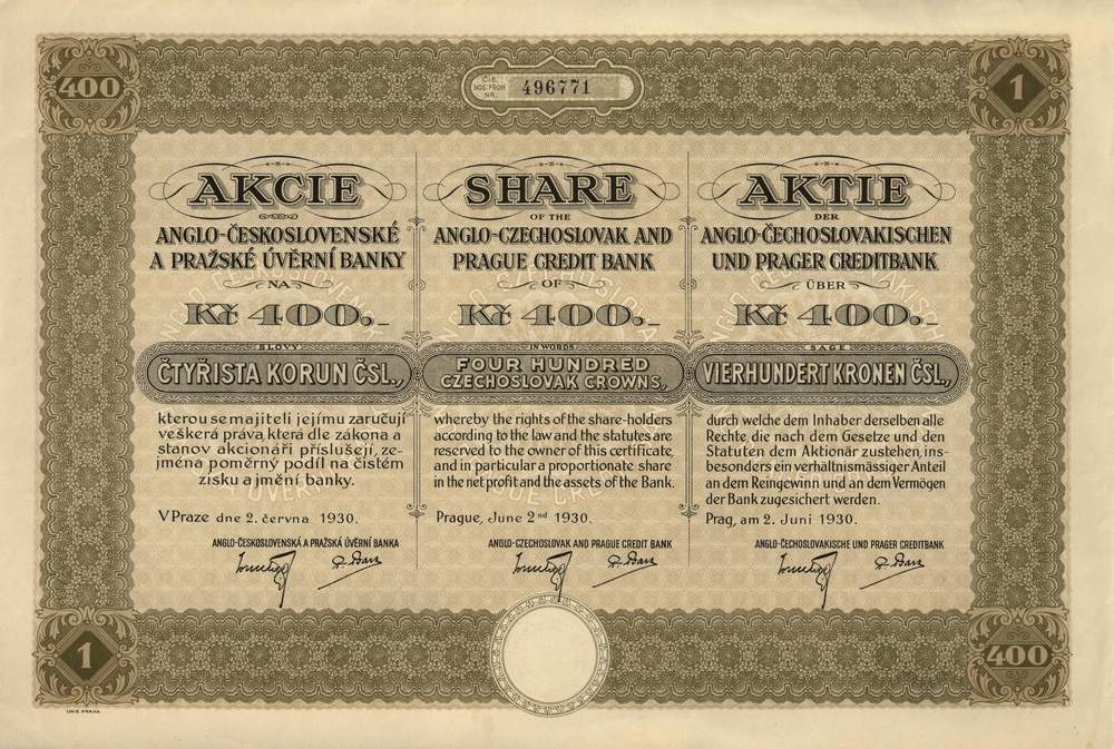 Akcie Anglo-Československá a Pražská úvěrní banka I., Praha 1930, 400 Kč
