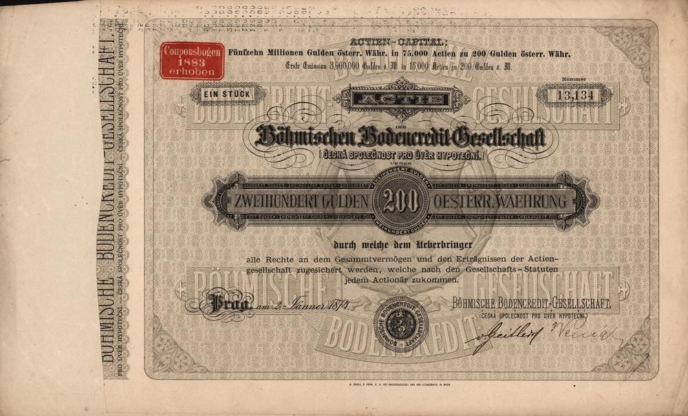 Akcie Česká společnost pro úvěr hypoteční, Praha 1874, 200 Zlatých