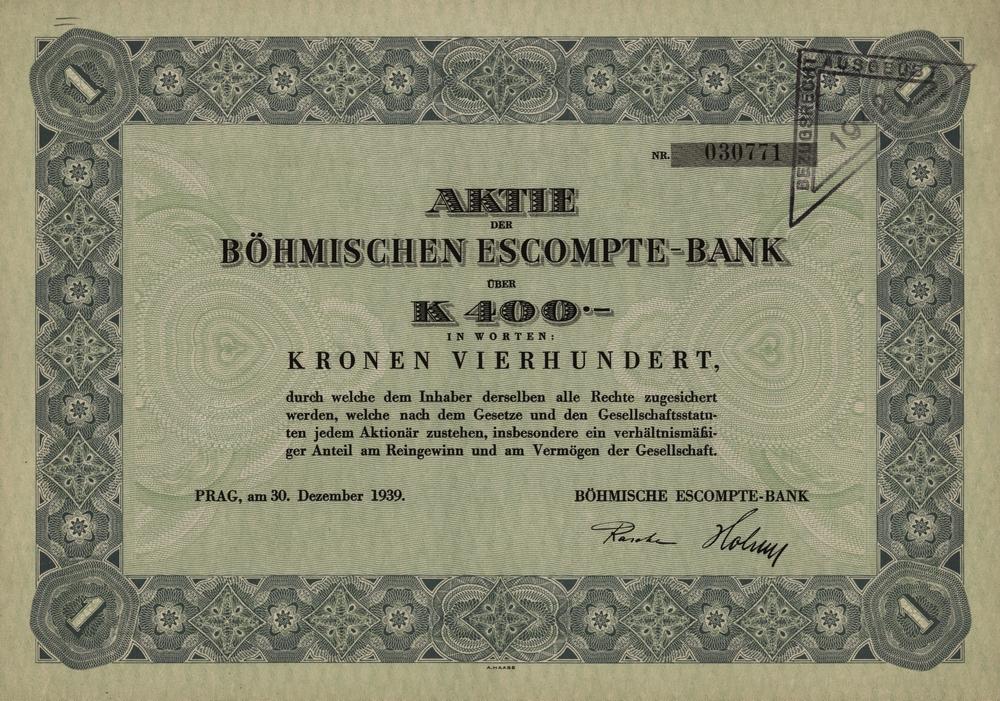 Aktie der Böhmischen Escompte-Bank BEB, Prag 1939, 400 Kronen