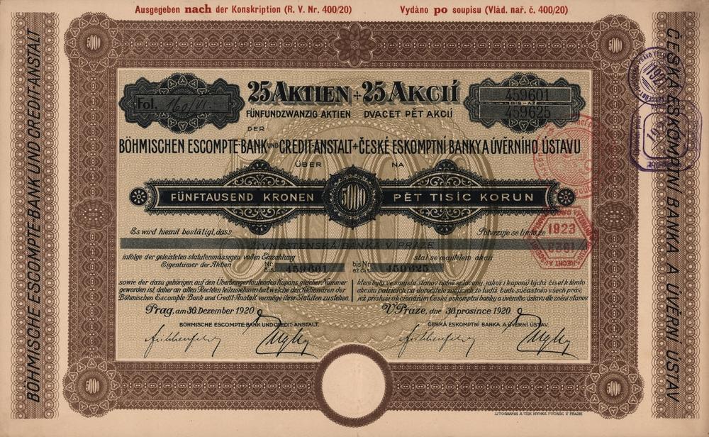 Hromadná akcie Česká eskomptní banka a úvěrní ústav, Praha, prosinec 1920, 5000 Kč