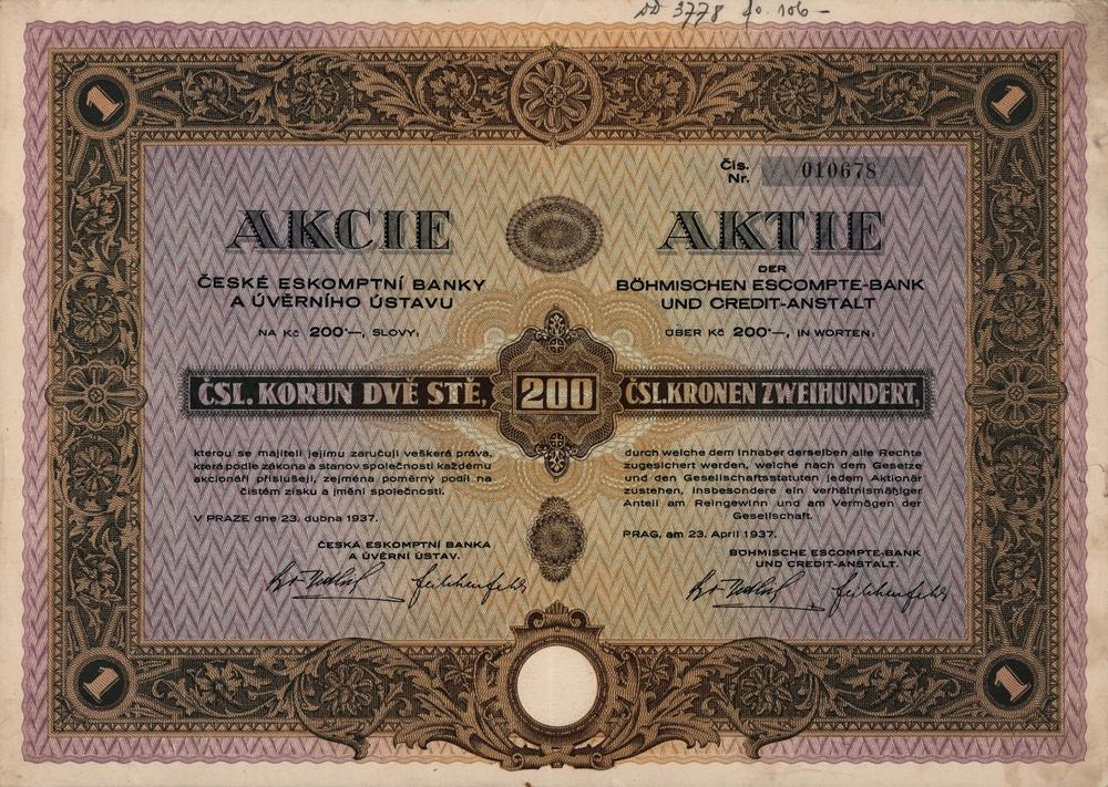 Akcie na doručitele Česká eskomptní banka a úvěrní ústav, Praha, duben 1937, 200 Kč