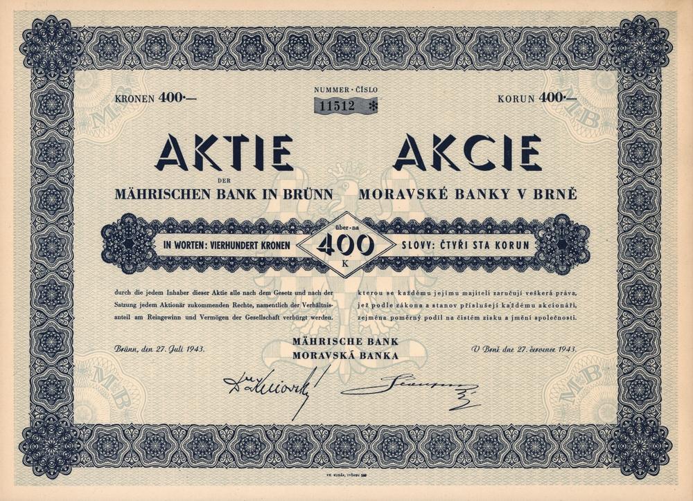 Akcie Moravská banka Brno, 400 Korun, 1943