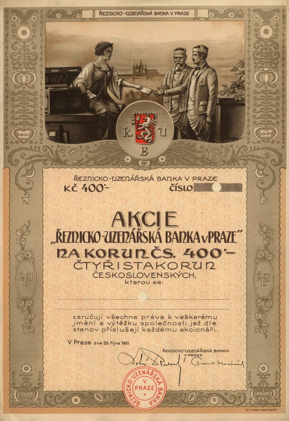 Akcie Řeznicko-uzenářská banka v Praze 1931, 400 Kč