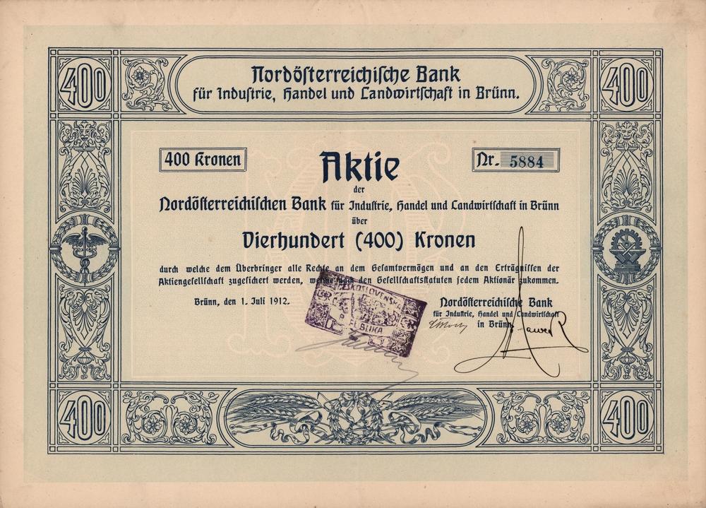 Akcie Severorakouská banka pro průmysl, obchod a zemědělství v Brně 1912, 400 Korun