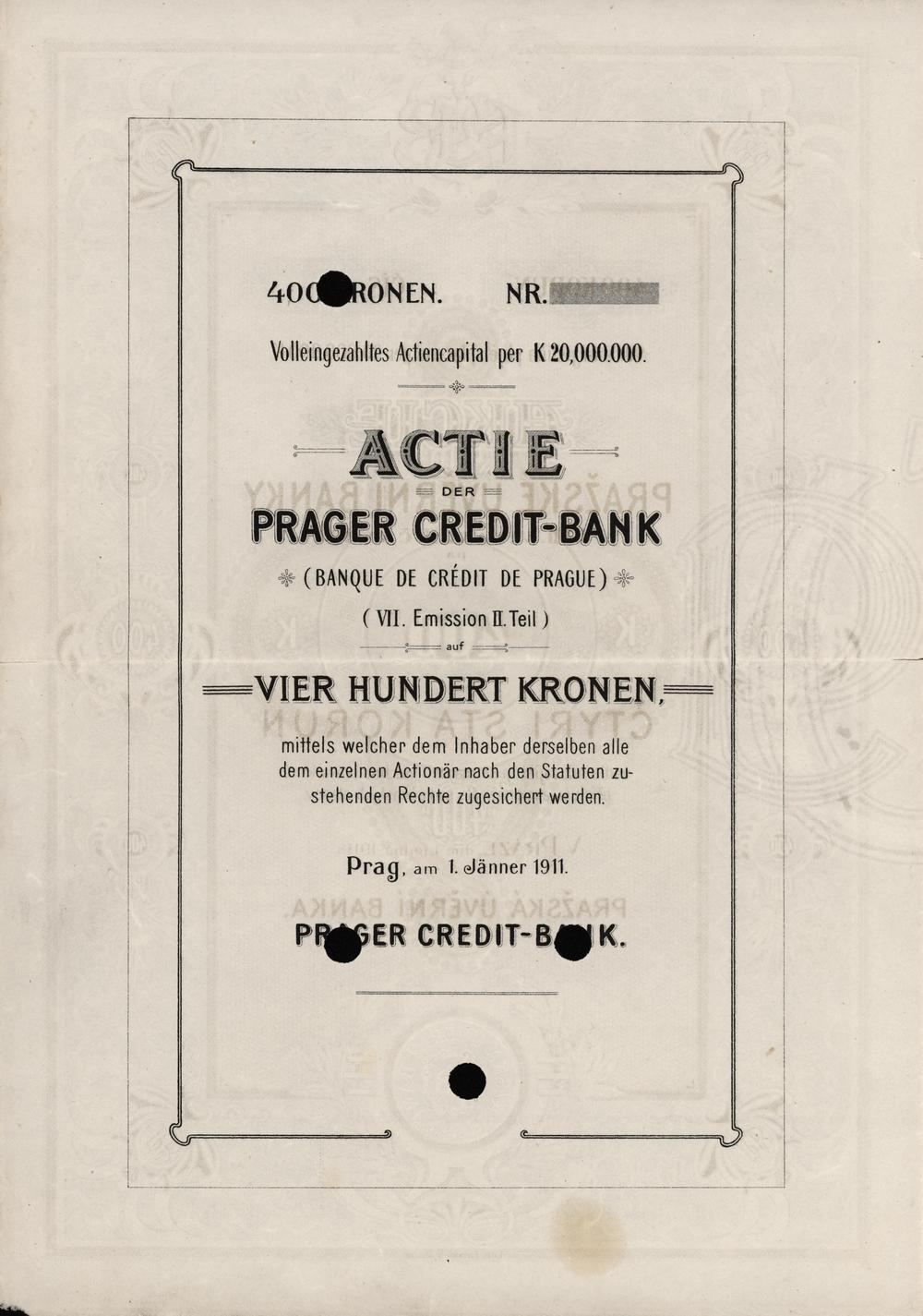 Aktie der Prager Credit-Bank in Prag 1911, 7. Emission, II. Teil, 400 Kronen