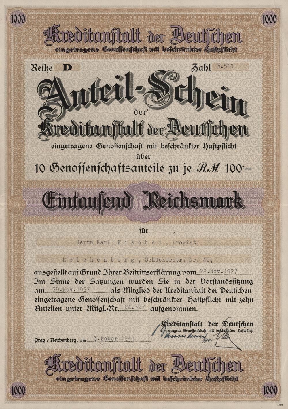 Hromadný podílový list Liberecká německá Kreditka Kreditanstalt der Deutschen Praha 1941, 1000 RM