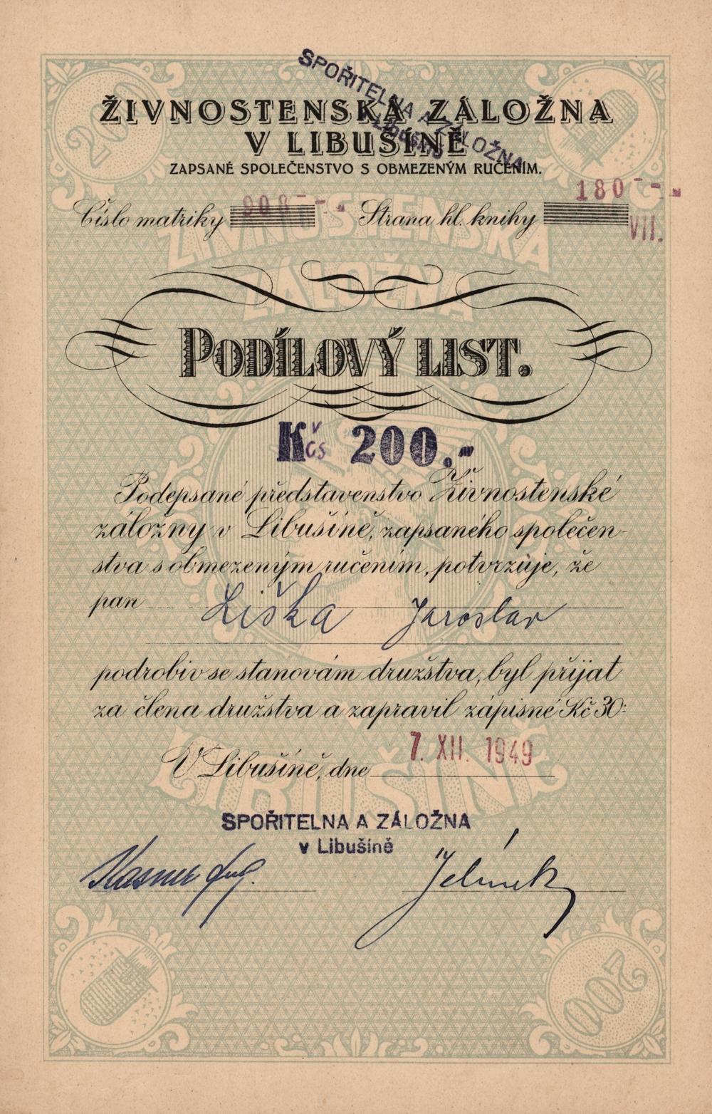 Podílový list Spořitelna a záložna v Libušíně, Libušín 1949, 200 Kčs