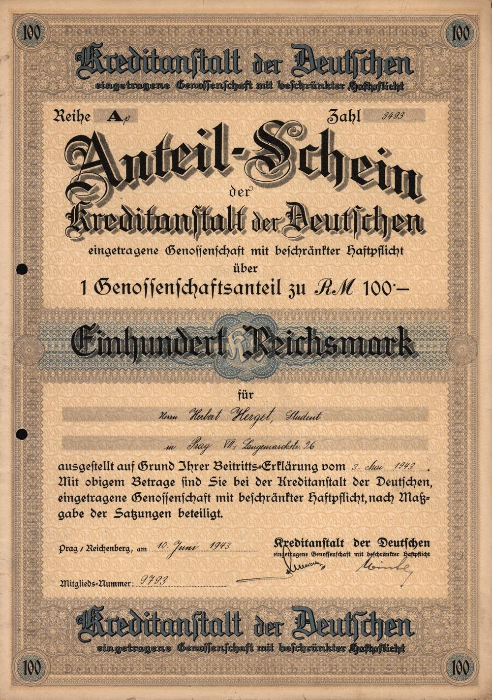 Anteilschein Kreditanstalt der Deutschen Prag 1943, 100 Reichsmark