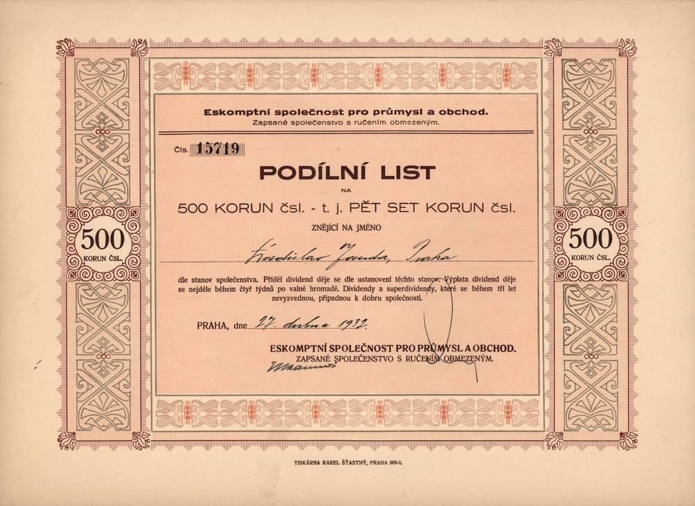 Podílní list Eskomptní společnost pro průmysl a obchod, Praha 1932, 500 Kč
