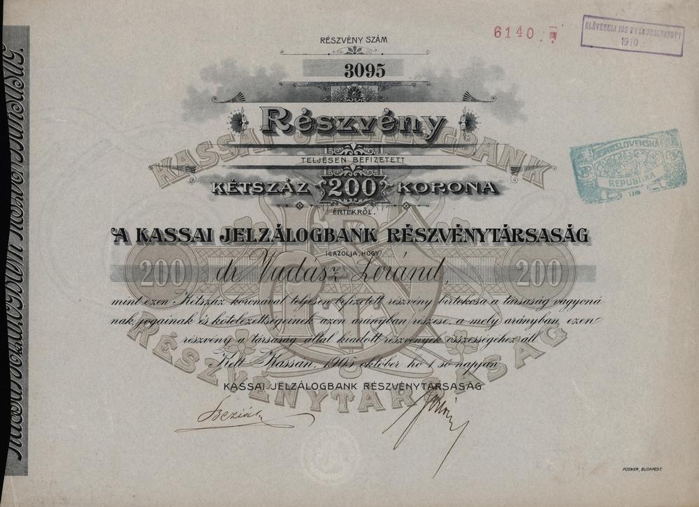 Akcie, Košická hypotečná banka účastinná spoločnosť, Košice 1905, 200 Korun