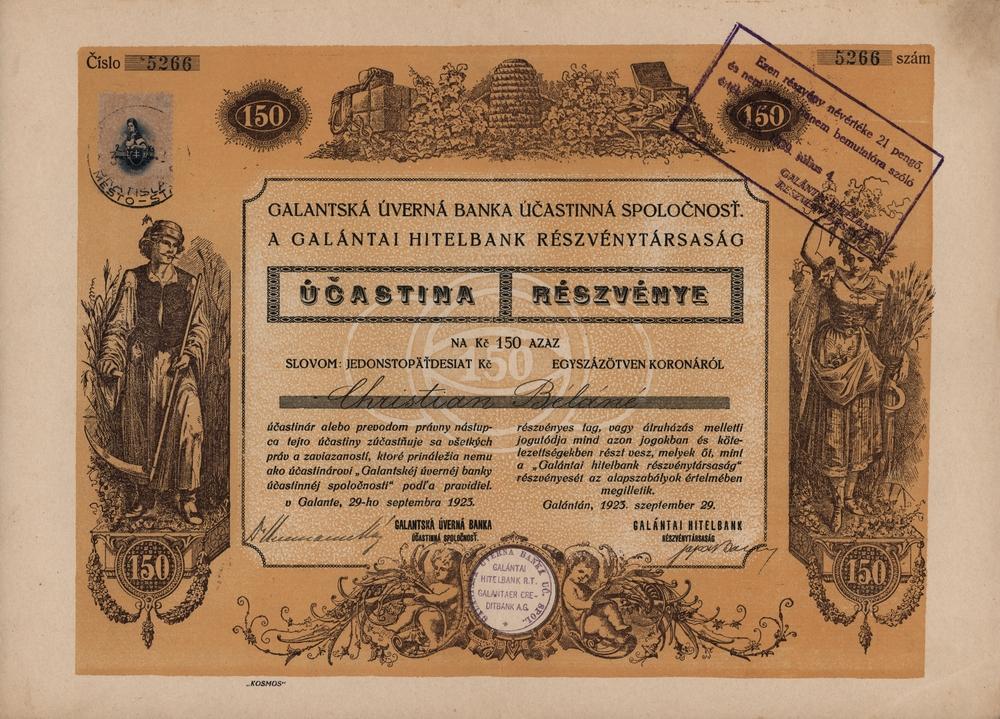 Akcie, Galantská úverná banka účastinná spoločnosť, Galanta 1923, 150 Kč