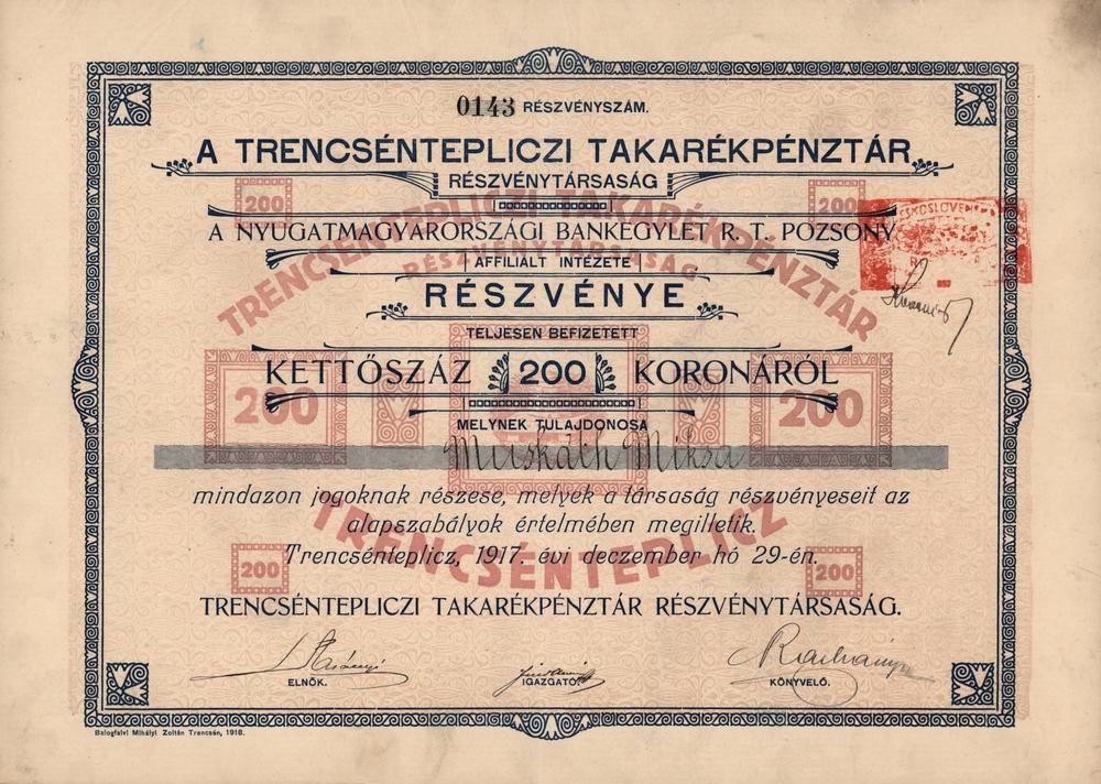 Akcie, Trenčiansko-Teplická sporiteľňa, Trenčianske Teplice 1917, 200 Korun