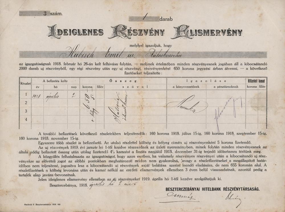 Zatímní list na akcii, Banskobystrická úverná banka, Banská Bystrica 1918, 650 Korun