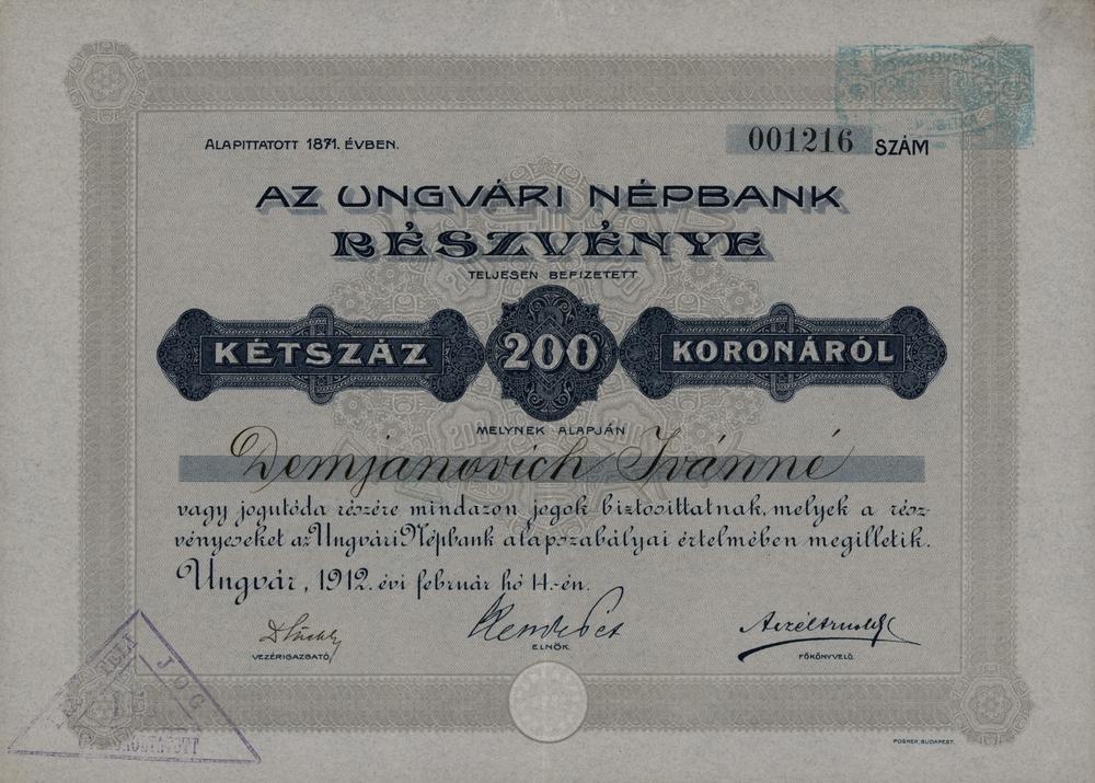 Akcie Ungvári Népbank, Užhorodská lidová banka, Užhorod 1912, 200 Korun