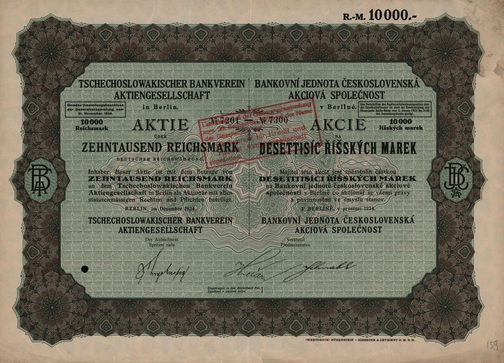 Hromadná akcie Bankovní jednota Československá, Berlín 1924, 10000 Říšských Marek