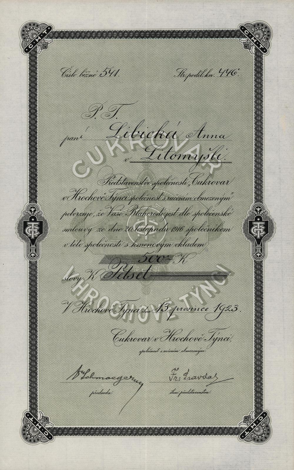 Podílový list Cukrovar v Hrochově Týnci, Hrochův Týnec 1923, 500 Kč