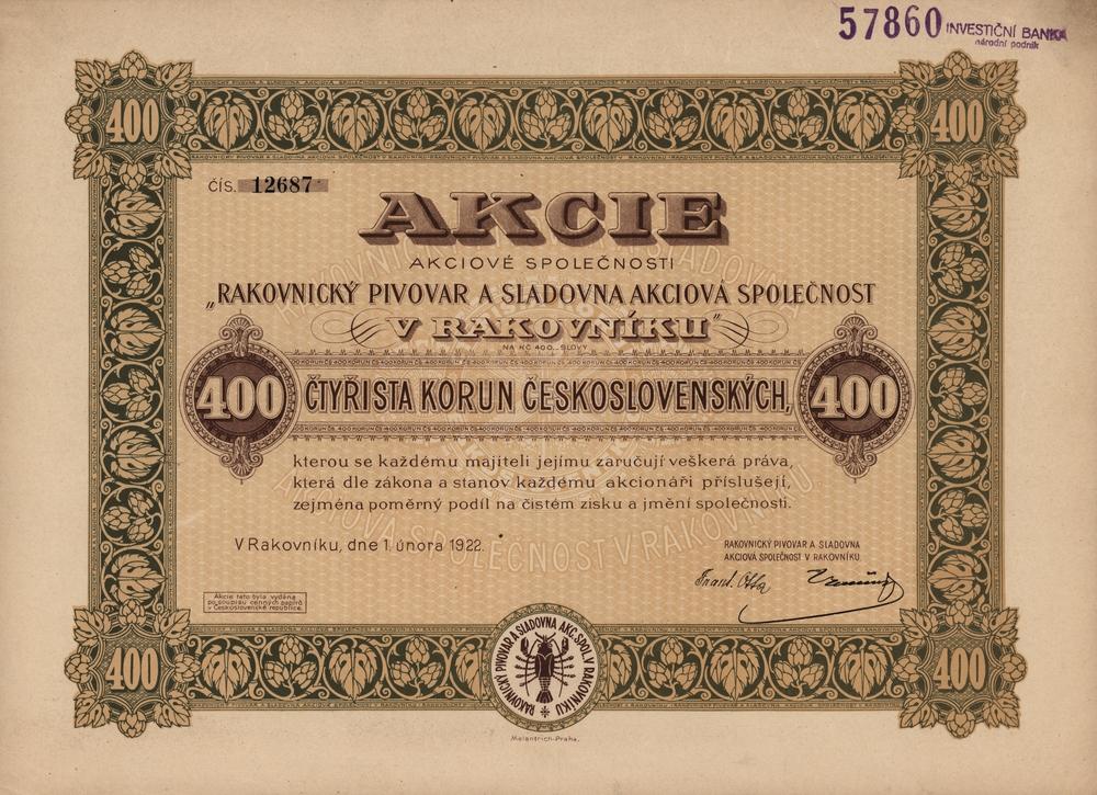 Akcie Rakovnický pivovar a sladovna akciová společnost v Rakovníku, 1922, 400 Kč, II. emise