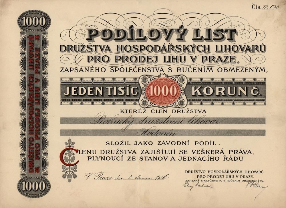 Podílový list, Družstvo hospodářských lihovarů pro prodej lihu v Praze, 1936, 1000 Kč
