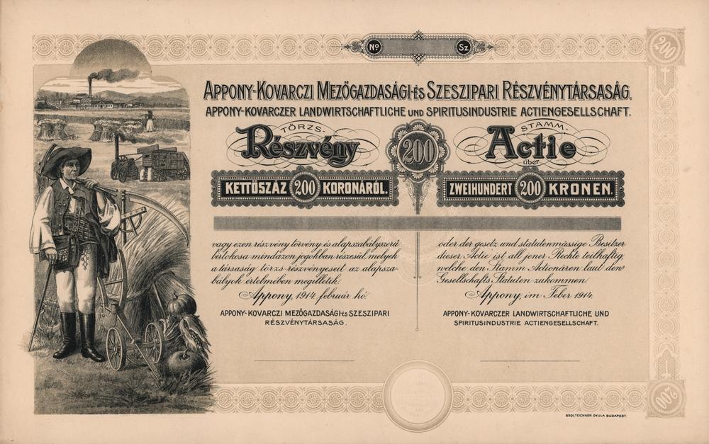 Kmenová akcie Oponicko-Kovarecká polnohospodárská liehopriemyselna účastinná spoločnosť, Oponice 1914, 200 Korun