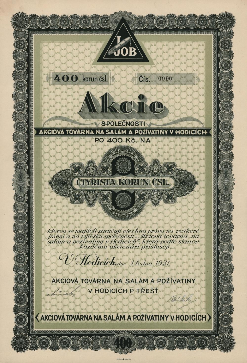 Akcie Akciová továrna na salám a poživatiny v Hodicích 1931, 400 Kč