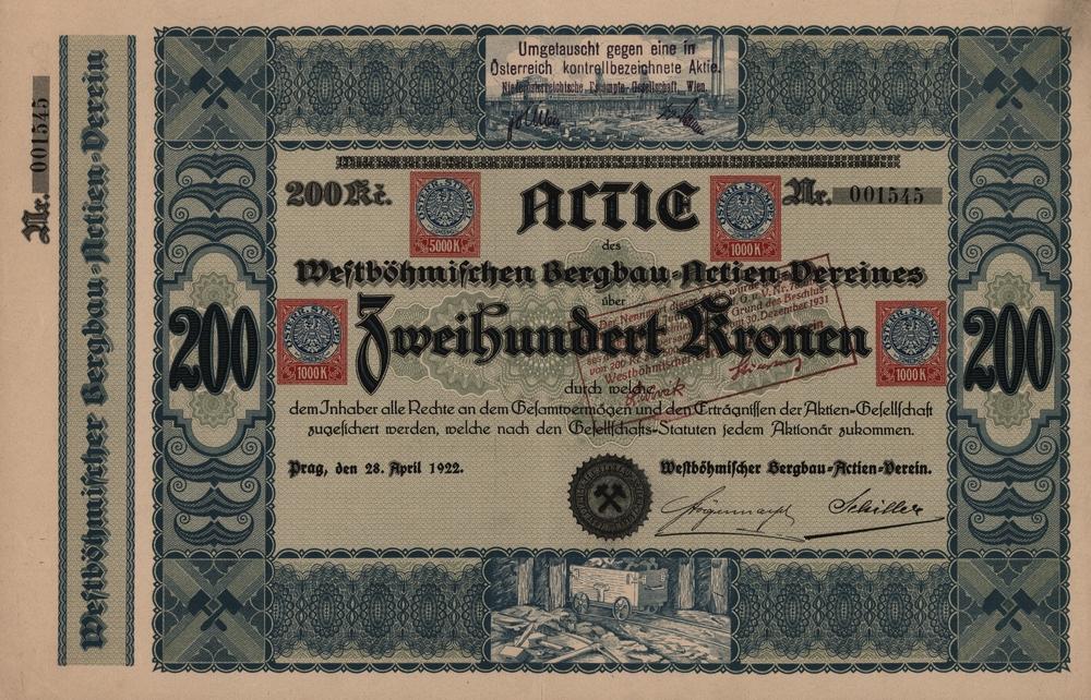 Aktie Westböhmischer Bergbau-Actien-Verein, Prag 1922, 200 Kronen