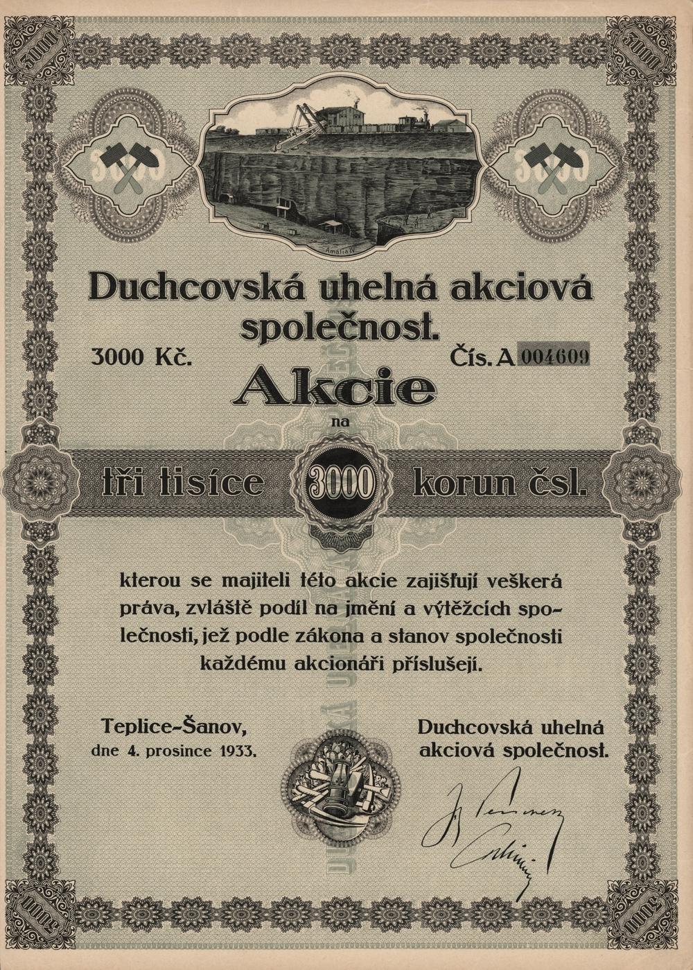 Akcie Duchcovská uhelná akciová společnost, Teplice-Šanov 1933, 3000 Kč
