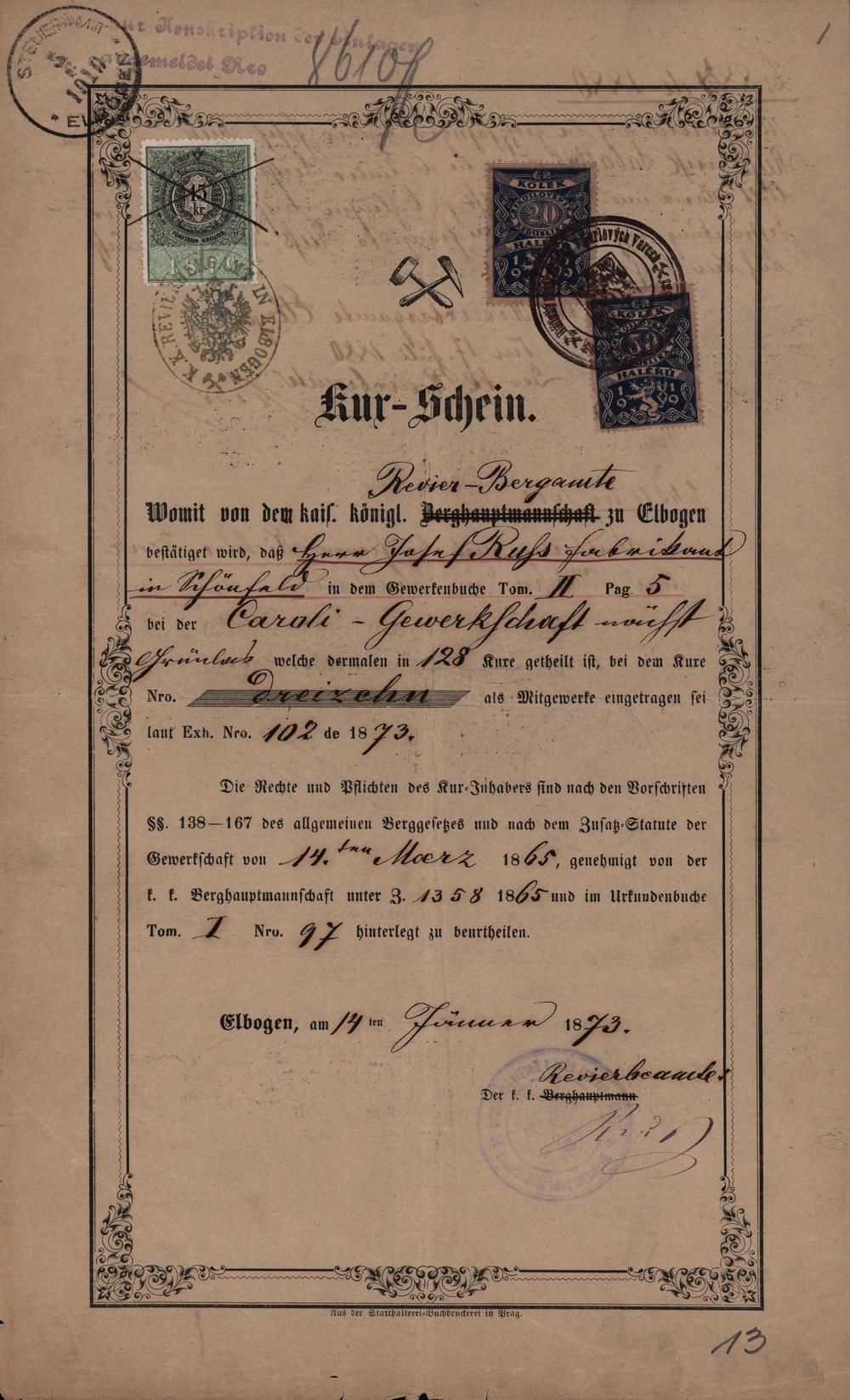 Kuksový podílový list Těžařstvo Karoli v Loučkách Chodov, Loket 1873