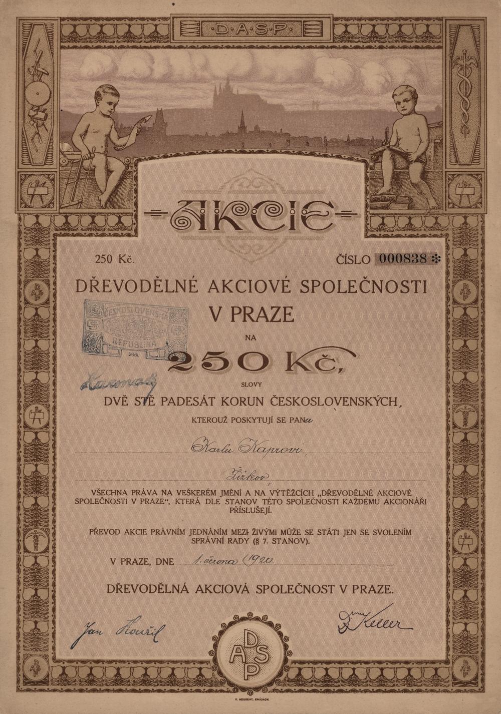 Akcie Dřevodělná akciová společnost v Praze 1920, 250 Kč