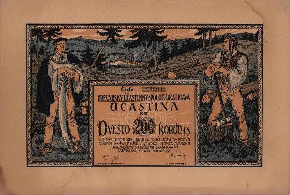 Účastina Drevársky účastinný spolok Bratislava, 1923, 200 Kč