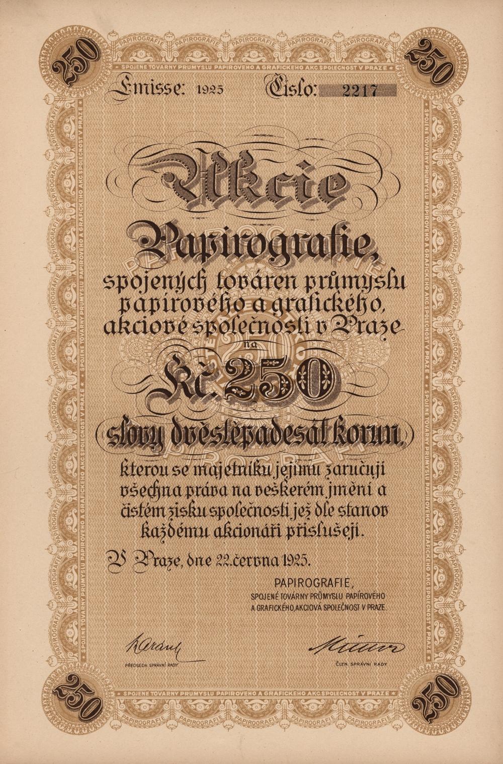 Akcie PAPIROGRAFIE spojené továrny průmyslu papírového a grafického v Praze 1925, 250 Kč