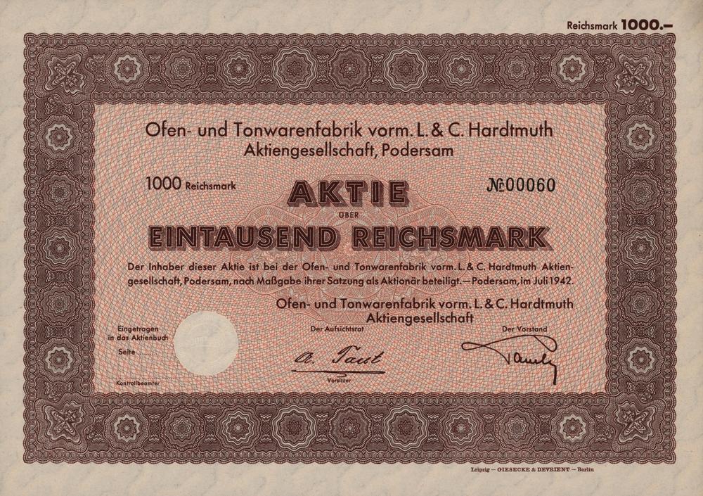 Akcie Ofen- und Tonwarenfabrik vormals L. & C. Hardtmuth, Podersam 1942, 1000 RM