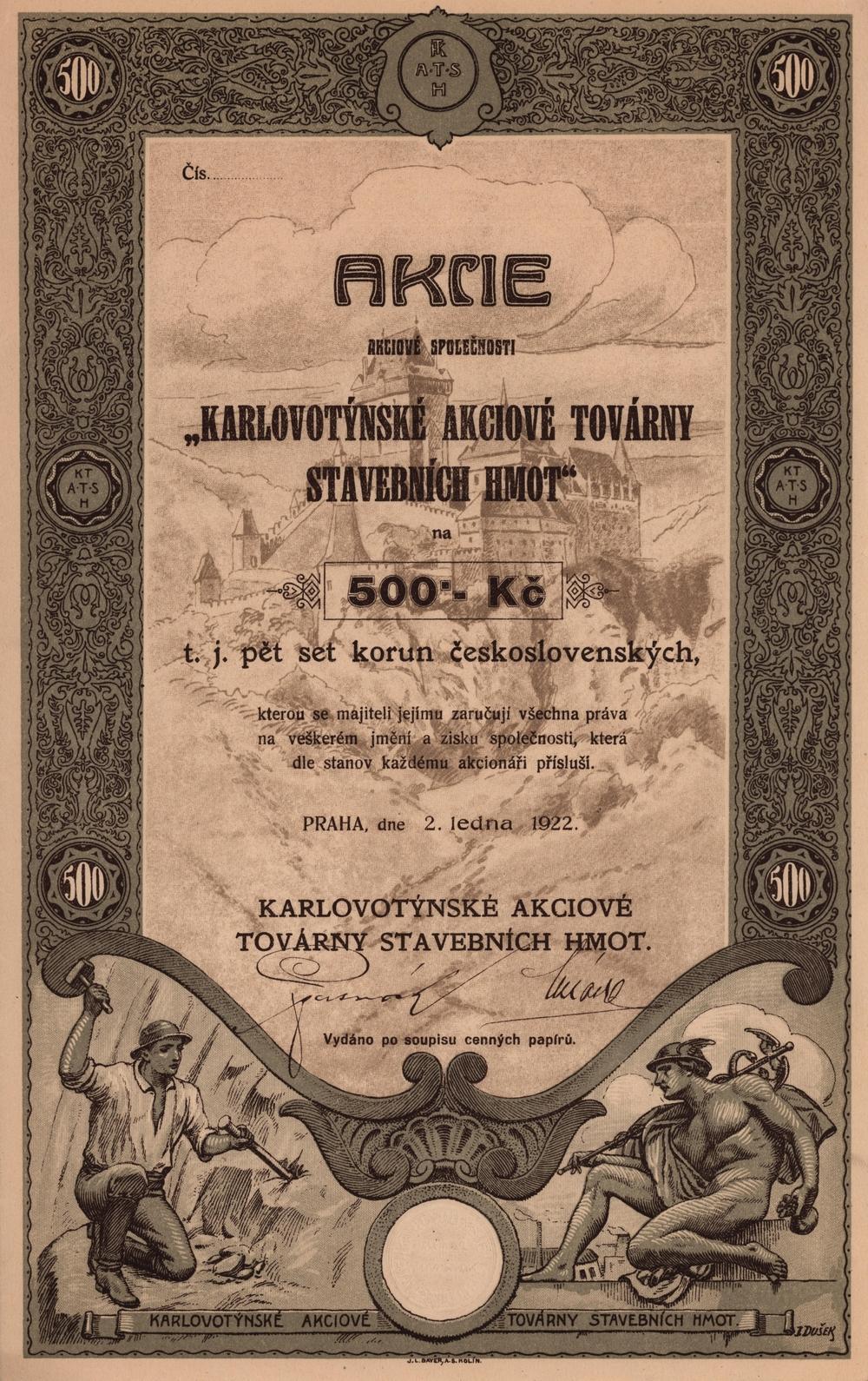 Akcie Karlovotýnské akciové továrny stavebních hmot, Karlštejn Poučník 1922, 500 Kč