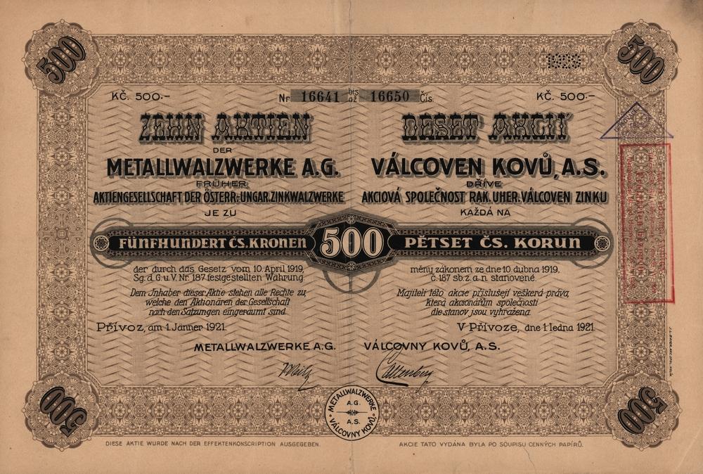 Hromadná akcie Válcovny kovů, a.s. dříve Akciová společnost Rak. Uher. válcoven zinku, Přívoz 1921, 5000 Kč