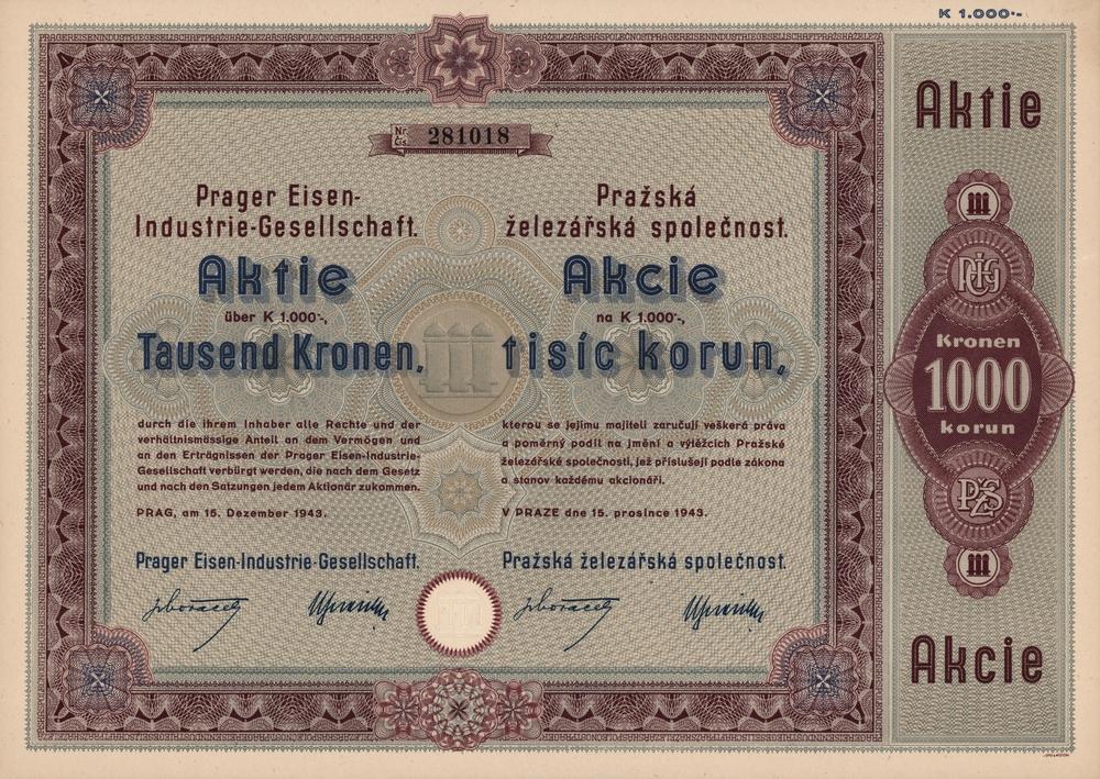 Akcie Pražská železářská společnost PŽS, Praha 1943, 1000 Korun