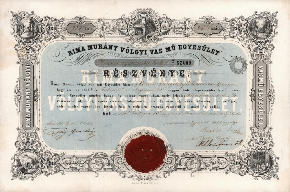 Účastina Rimavsko-muránskej železiarskej účastinnej spoločnosti v Rimavskom Brezove, 1852