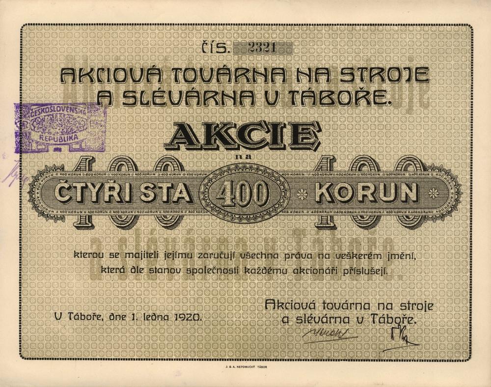 Akcie Akciová továrna na stroje a slévárna v Táboře 1920, 400 Kč, I. emise