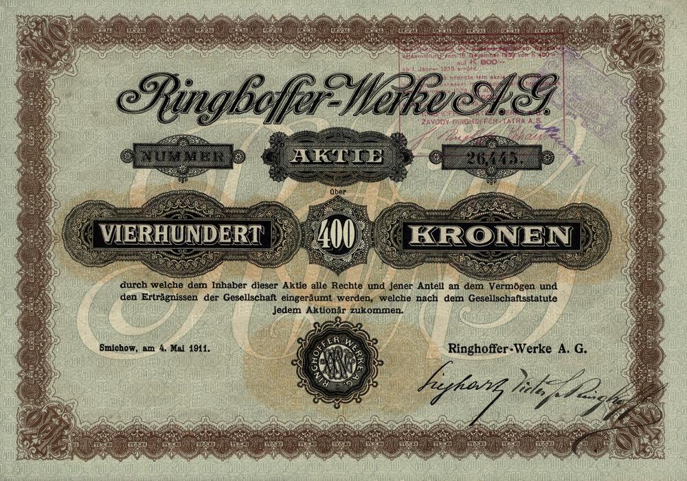 Akcie Ringhoffer-Werke A. G., Smichow - Prag, 1911, 400 Korun