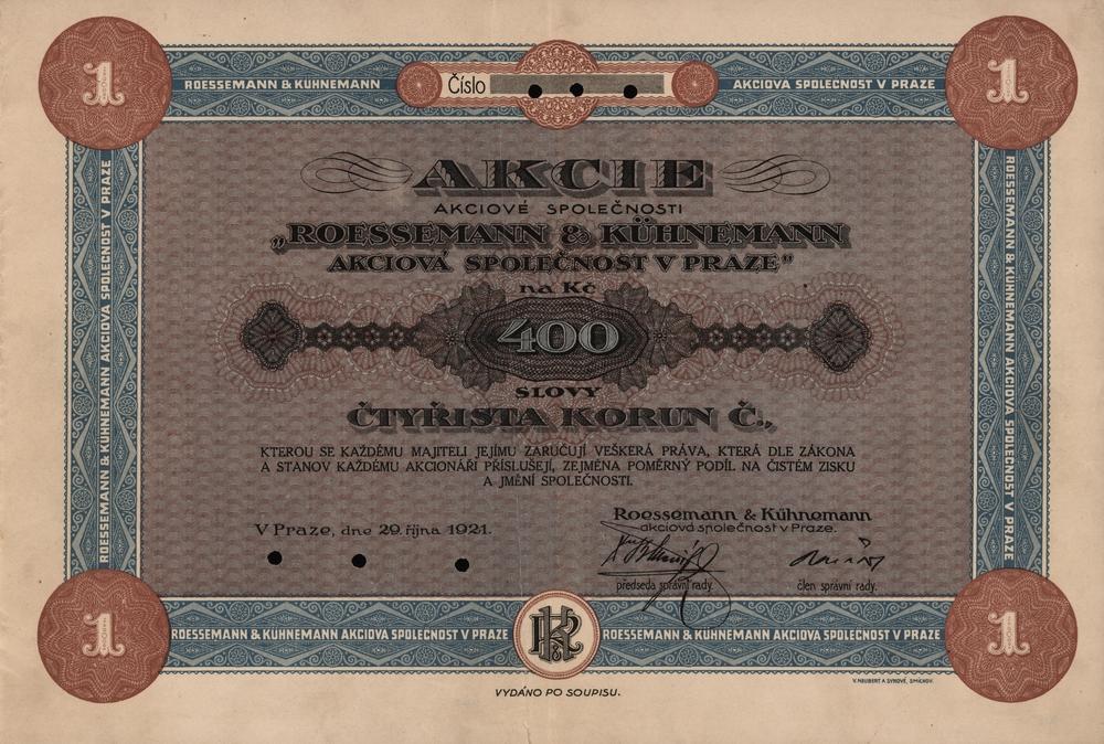 Akcie Roessemann & Kühnemann akciová společnost v Praze 1921, 400 Kč