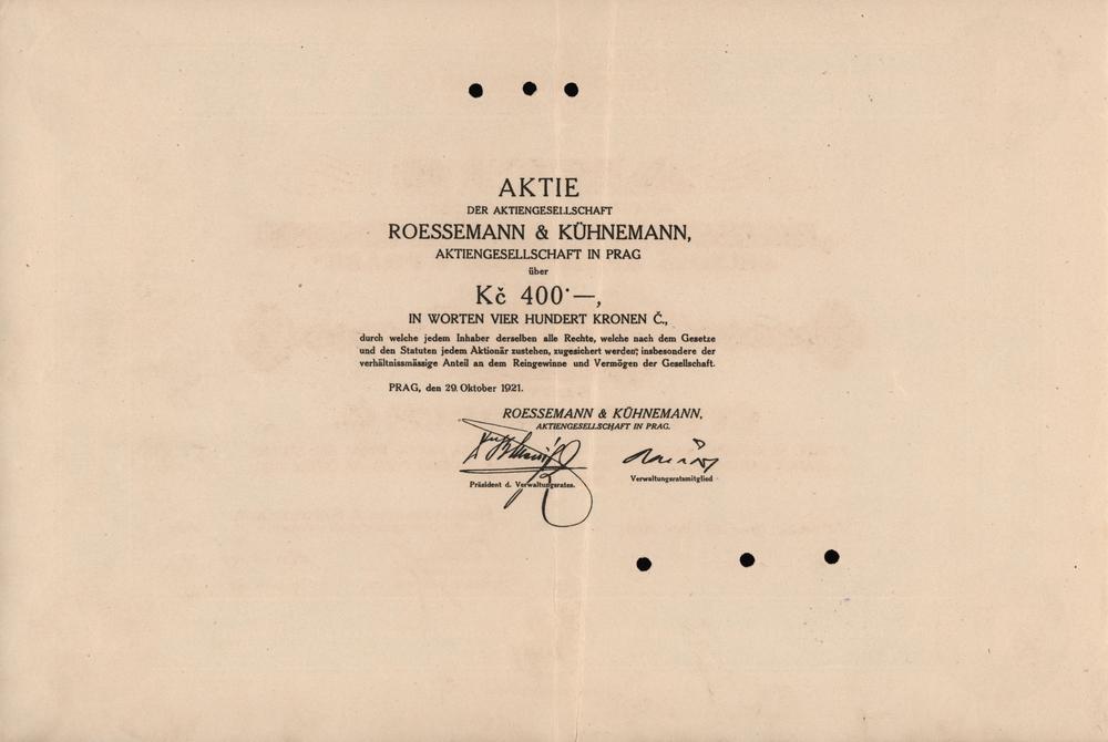 Aktie der Roessemann & Kühnemann Aktiengesellschaft in Prag 1921, 400 Kronen