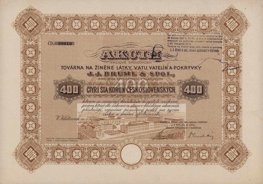 Akcie Továrny na žíněné látky vatu vatelín a pokrývky J. J. Bruml & Spol. v Klatovech 1922, 400 Kč