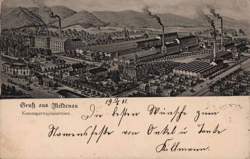 Pohlednice Mildenauer Kammgarnspinnerei Textilní továrna v Mildenavě, Luh u Raspenavy, cca 1900.