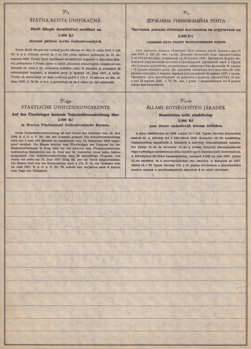 Schuldverschreibung Staatliche Unifizierungsrente, Protektorat Böhmen und Mähren, Prag 1936, 5000 Kronen