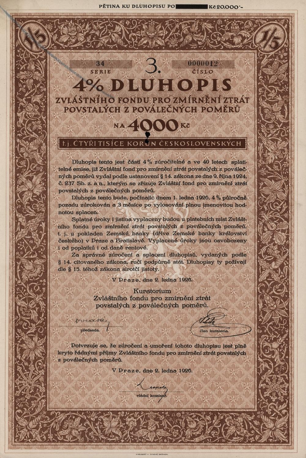 Zlomkový dluhopis 3/5 Zvláštní fond pro zmírnění ztrát povstalých z poválečných poměrů, Praha 1926, 4000 Kč
