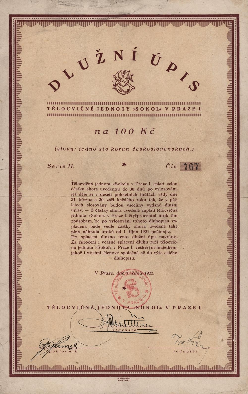 Dlužní úpis Tělocvičná jednota SOKOL v Praze I., Praha 1921, 100 Kč
