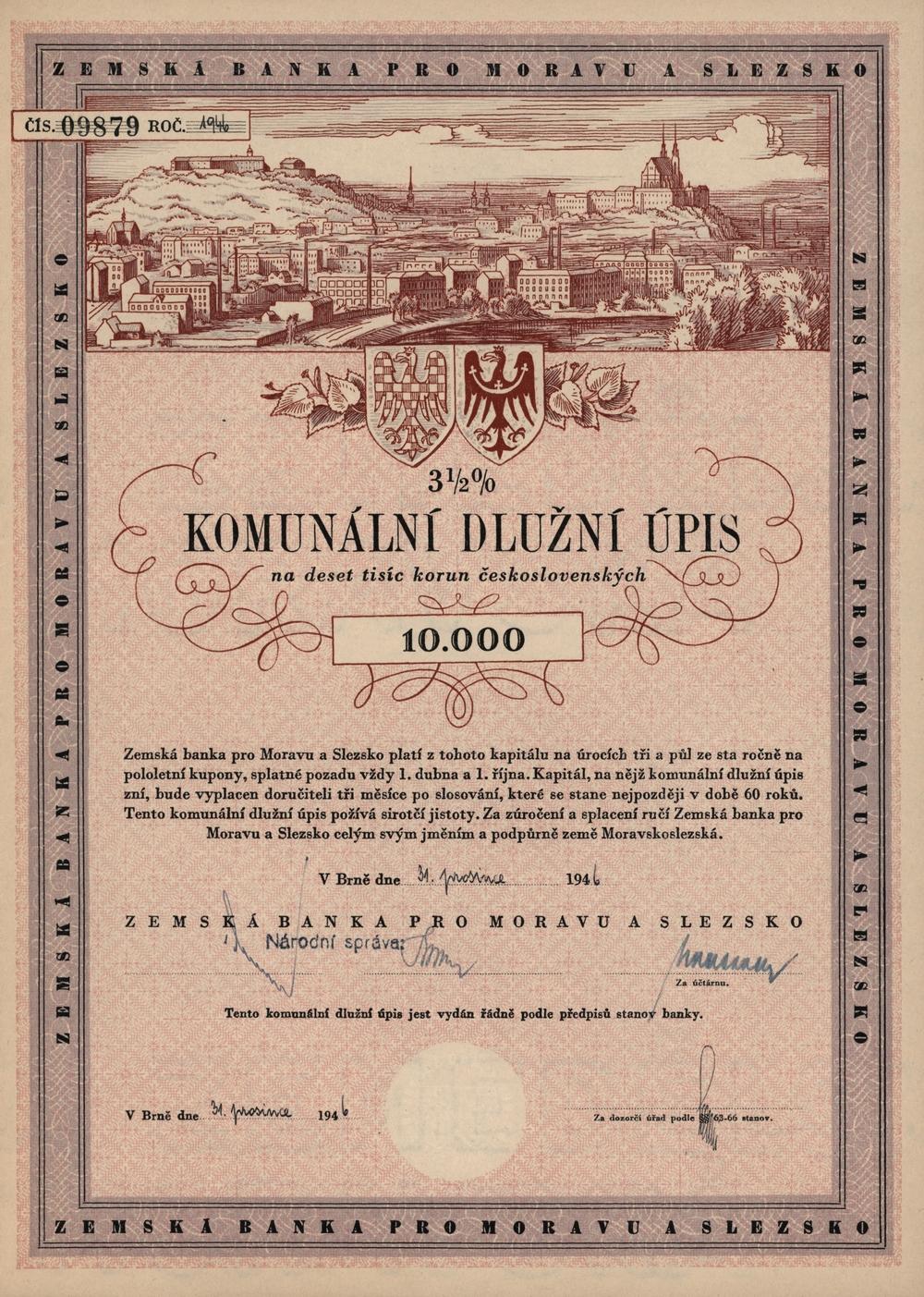 Komunální dlužní úpis, Zemská banka pro Moravu a Slezsko, Brno 1946, 10000 Kčs