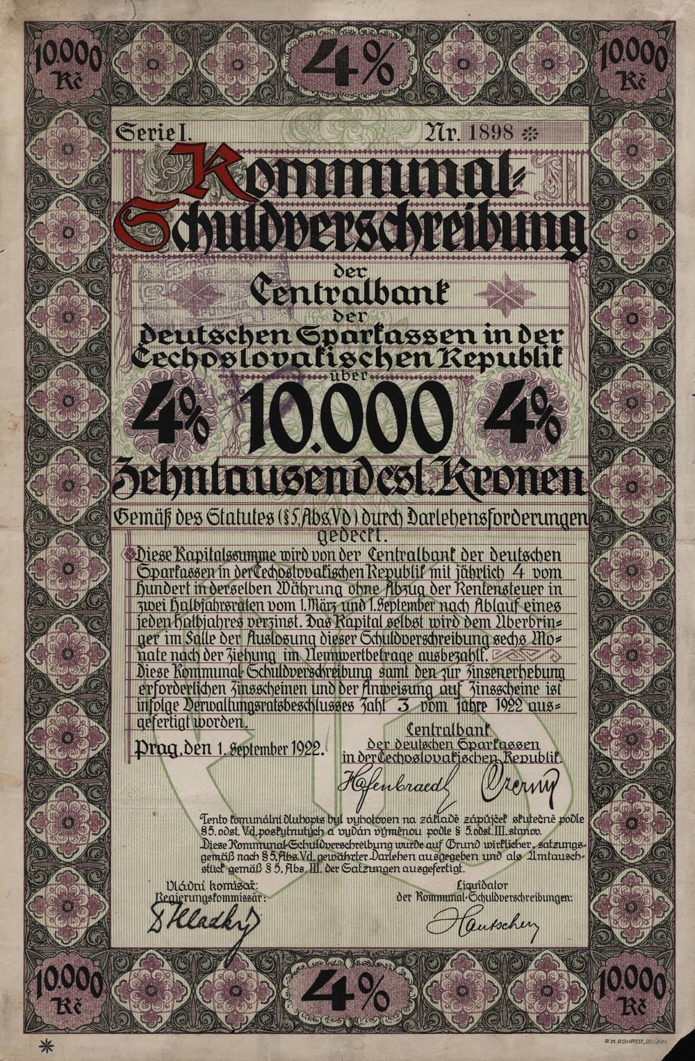 4% Komunální dluhopis Ústřední banka německých spořitelen v Československé republice, Praha 1922, 10000 Kč