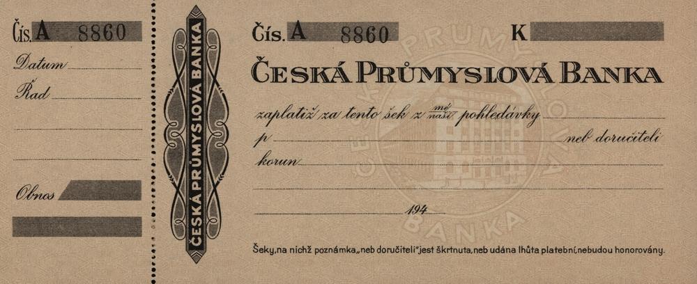 Šek České průmyslové banky, cca 1940-1945, série A