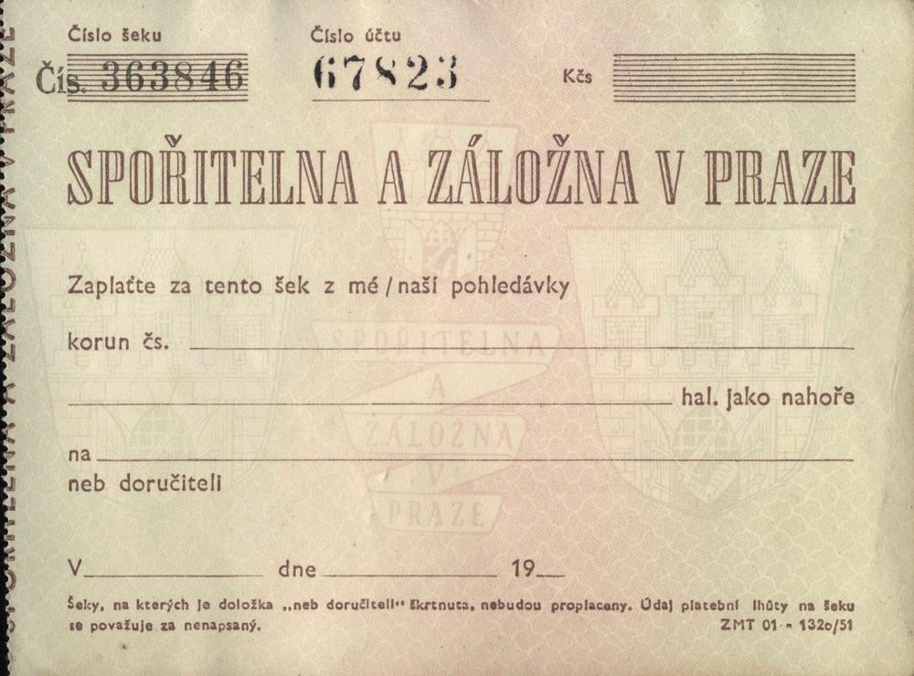 Šek Spořitelny a záložny v Praze, cca 1945-1953