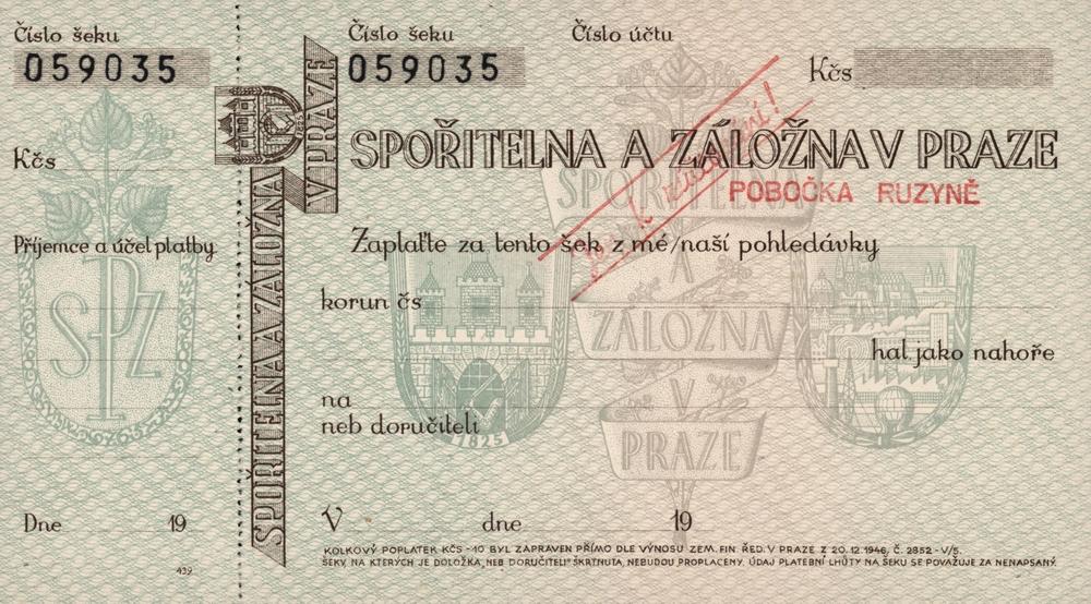 Zúčtovací šek Spořitelny a záložny v Praze, pobočka Ruzyně, cca 1946-1953